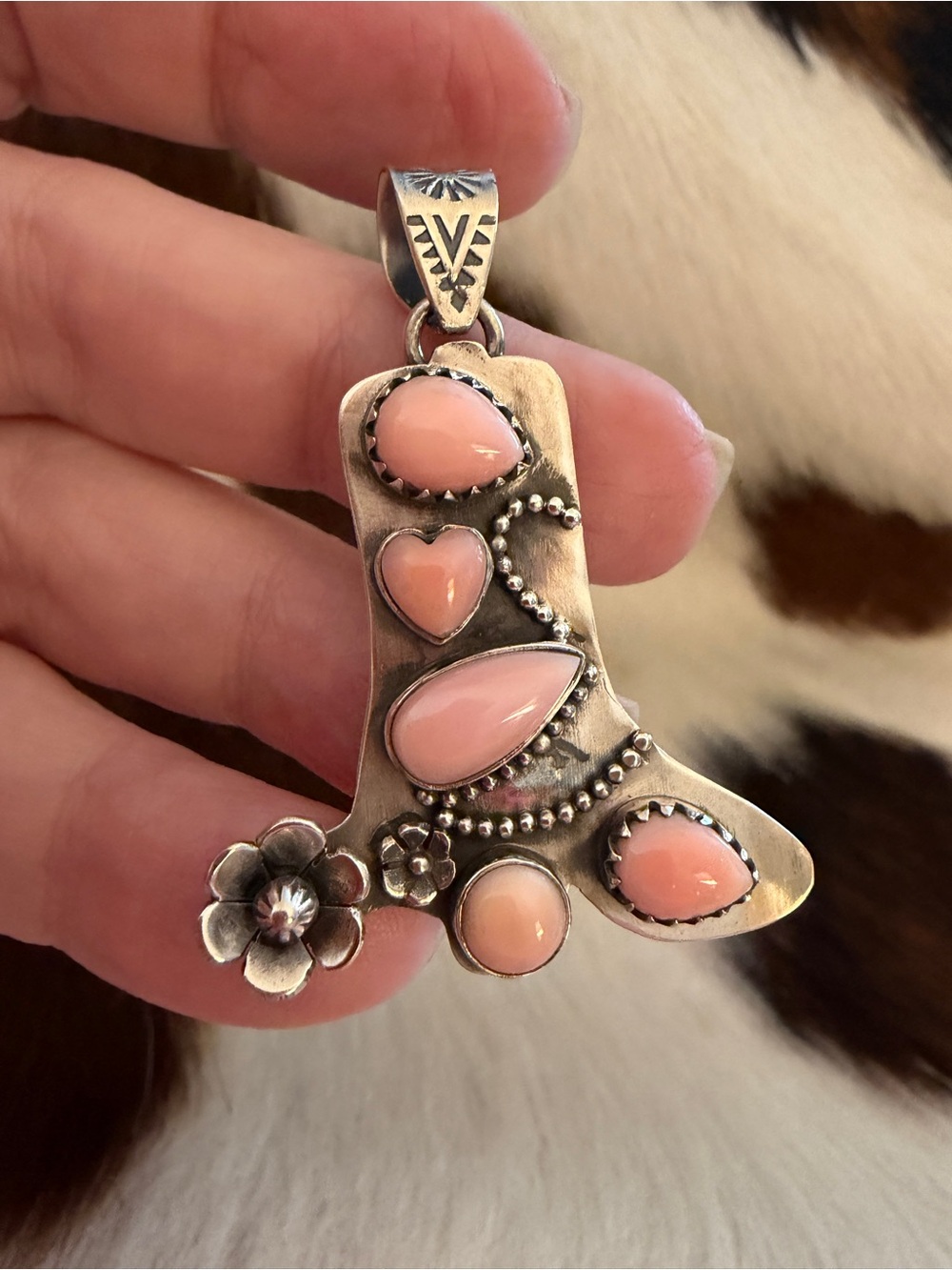 ❤️ Queen Pink Conch Sterling Silver Cowboy Boot Pendant Spinning Spur Handmade - Picture 3 of 12